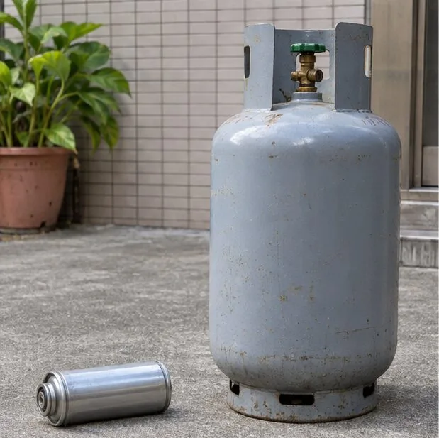 短而橫放的小型卡式瓦斯罐與大型直立式家用瓦斯鋼瓶並排，尺寸和外形明顯不同