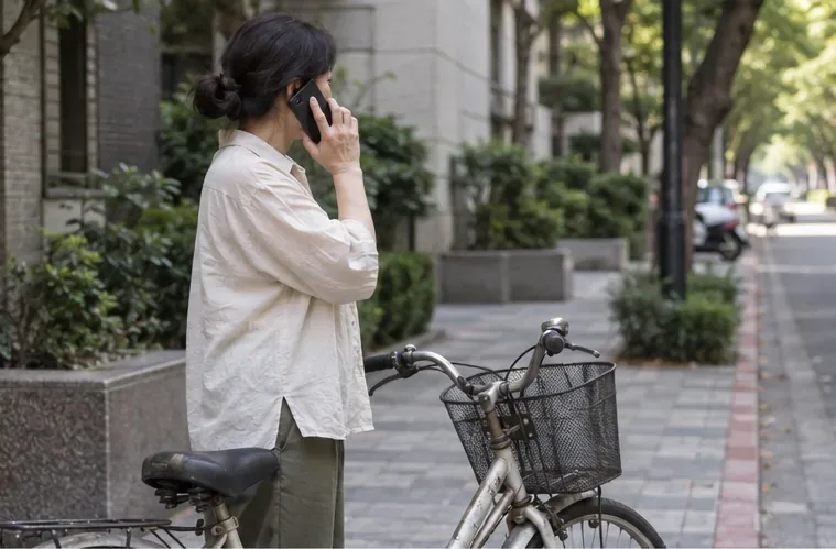 住戶站在腳踏車旁使用手機聯絡清潔隊。