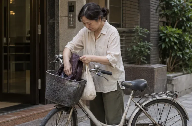 住戶在公寓入口檢查腳踏車車籃並取出物品。