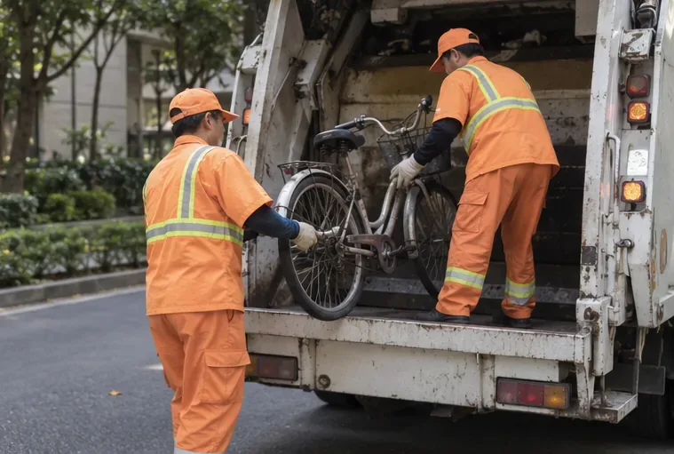 清潔隊人員在路邊將腳踏車搬上收運車。