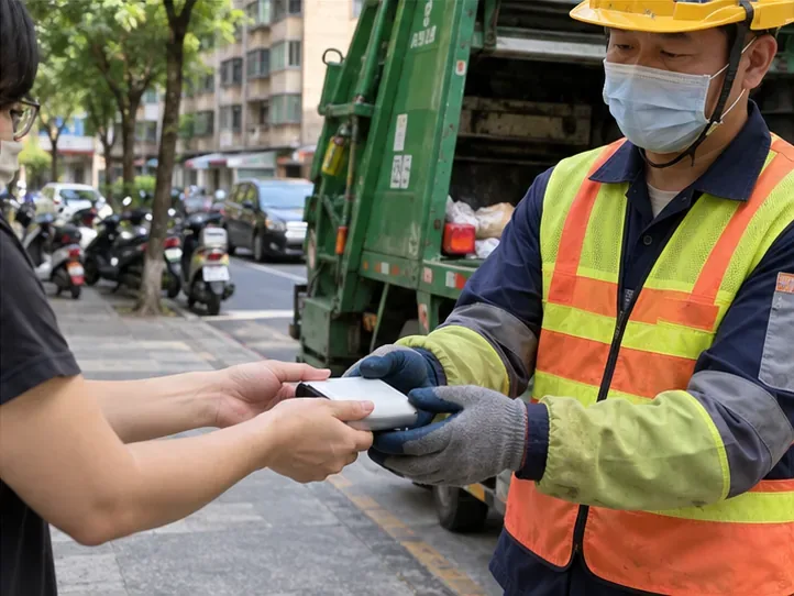 民眾把已用絕緣膠帶處理、外殼完整的行動電源直接交給資源回收車旁的清潔人員，並說明電池已膨脹。