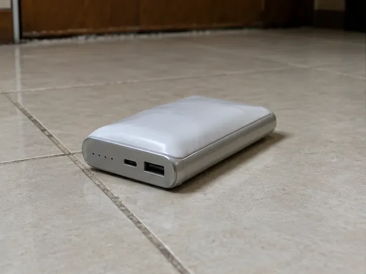 一顆外殼明顯鼓起的行動電源放在磁磚地面上，提示發現膨脹後應停止使用，不再連接充電設備。