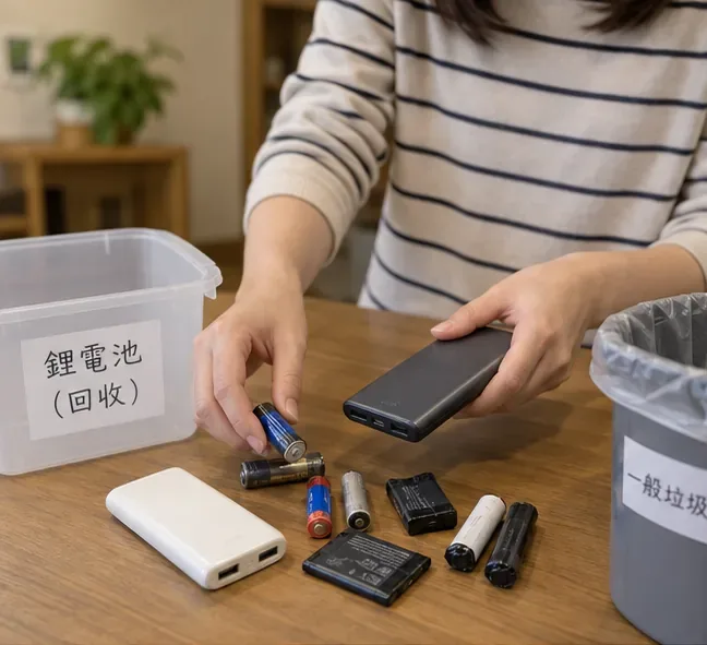 桌面上把鋰電池、手機電池與行動電源從一般垃圾旁分開，放向標示鋰電池回收的容器