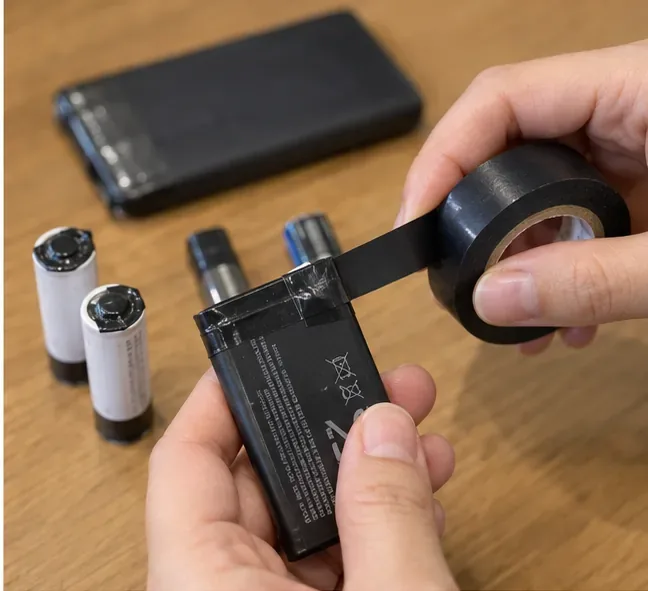 雙手用黑色絕緣膠帶覆蓋可拆式鋰電池的金屬接點，旁邊放著其他待回收電池
