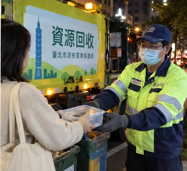 夜間臺北街道旁，民眾把裝有已分類鋰電池的透明容器交給資源回收車旁的清運人員
