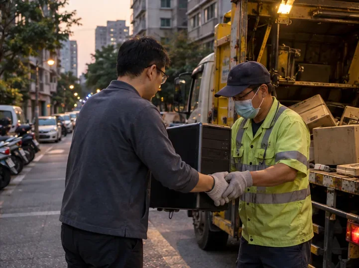 傍晚住宅街道旁，一名住戶把舊電腦主機交給停妥回收車旁的人員