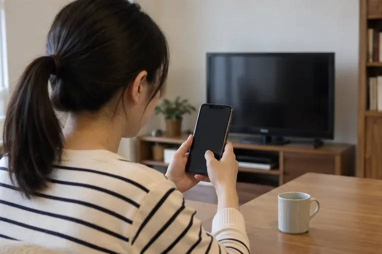 住戶坐在客廳用手機聯絡清運服務，舊電視仍放在電視櫃上