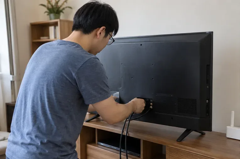 住戶在客廳拔除舊電視的電源與訊號線，準備交付回收