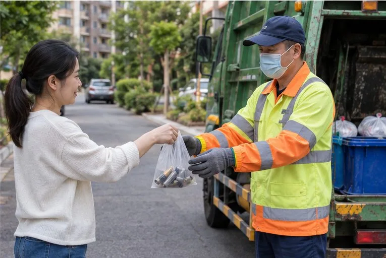 民眾將一小袋分開收集的乾電池交給臺灣清潔隊資源回收人員