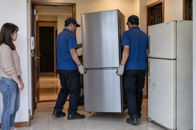 家電配送人員將新冰箱搬入住宅，旁邊放著等待回收的舊冰箱。
