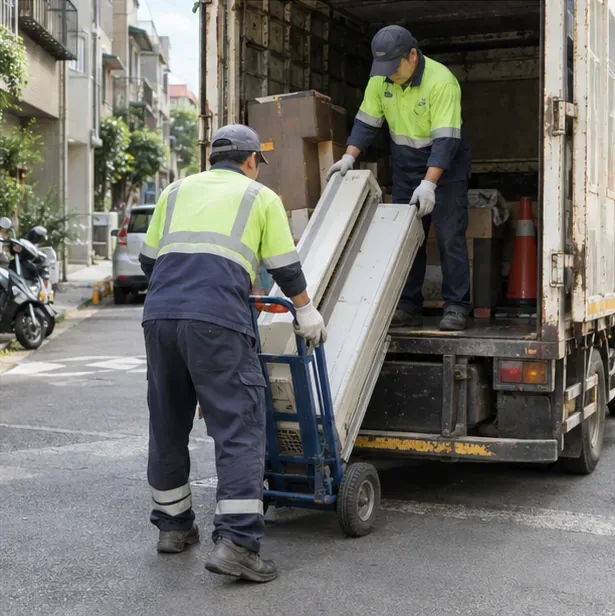 穿著工作服的清運人員用推車將完整冷氣機搬上回收車