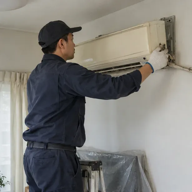 冷氣技術人員在室內拆卸壁掛式冷氣機，機體保持完整