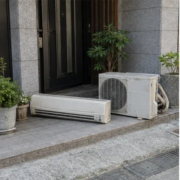 完整的室內機與室外機暫放在住家入口前的平台上，等待約定清運