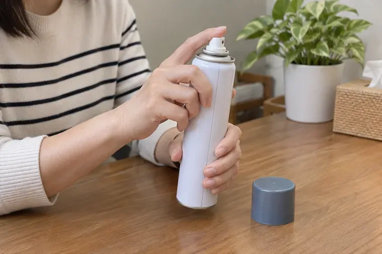 手拿白色噴霧罐檢查噴頭與剩餘狀態，罐蓋放在木桌旁