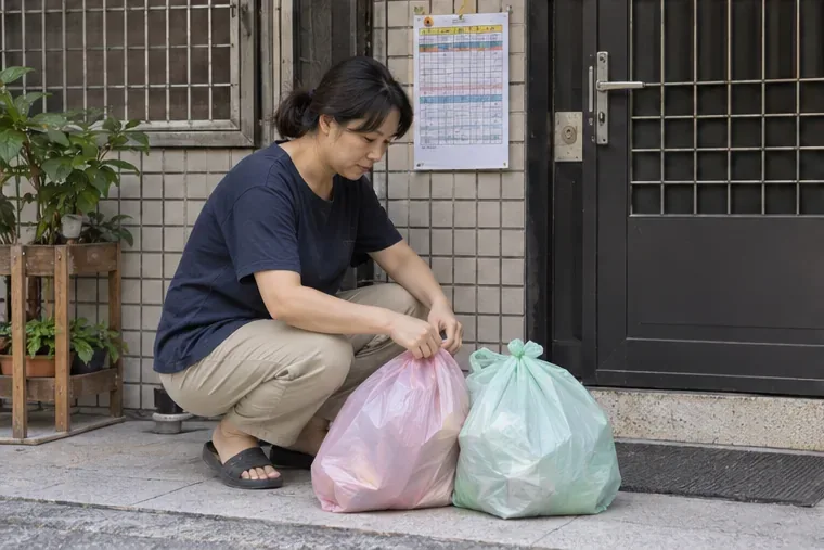 住戶在家門口整理並綁妥兩袋垃圾