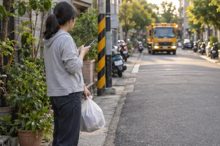 住戶提著垃圾袋站在人行道上查看手機，遠處道路上有一輛車輛接近