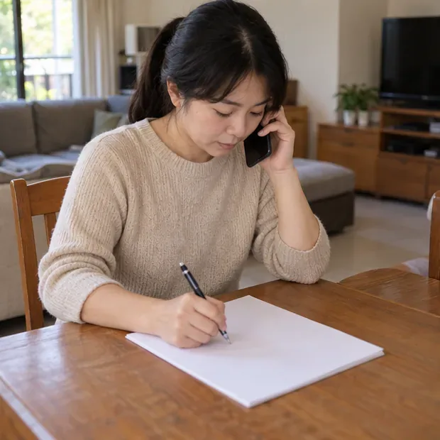 住戶一邊打電話詢問清潔隊，一邊在筆記本記錄聯絡與清運資料。