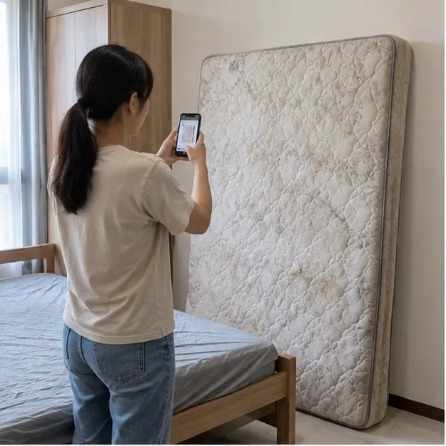 臺南住戶在房間內拍攝直立舊床墊，準備申請大型廢棄物清運