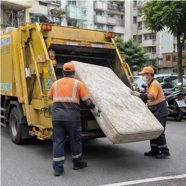 清潔人員把大型舊床墊裝上垃圾清運車