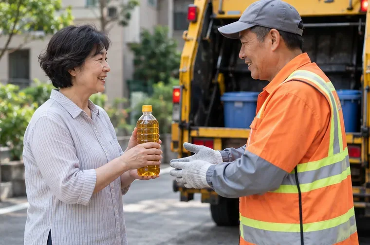住戶將密封的廢食用油瓶交給穿反光背心的清運人員