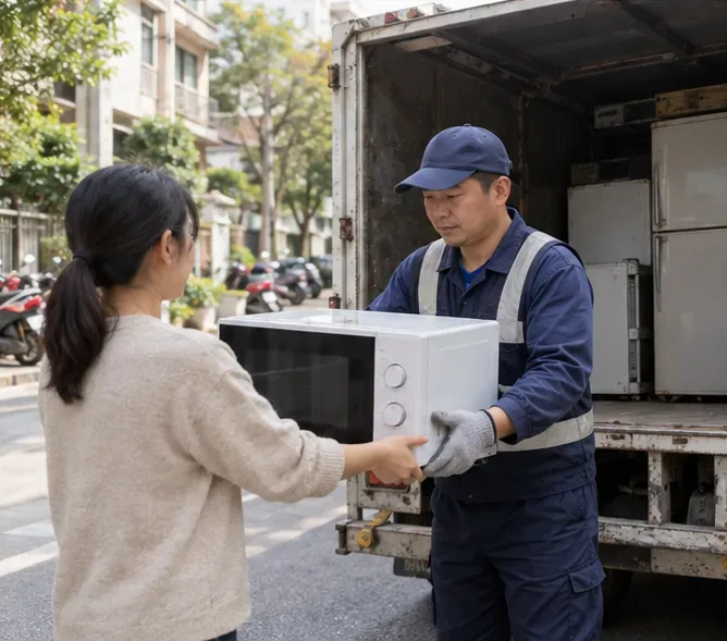 住戶在住宅街上將完整微波爐交給穿著工作服的回收人員，旁邊停著沒有標誌的回收車。