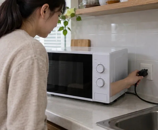 一名住戶在廚房拔下已關機微波爐的電源插頭。