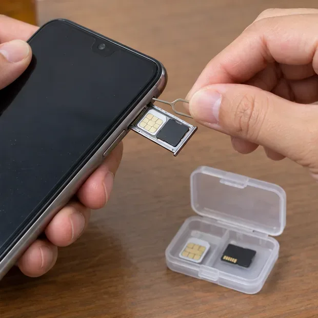 使用退卡針取出舊手機SIM卡槽，旁邊盒中放有SIM卡與microSD記憶卡