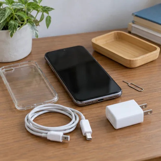 桌面上放著待處理的舊手機、充電線、充電器、手機殼與退卡針，準備開始回收前整理