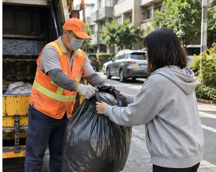 住戶在道路旁把已裝袋的大型棉被交給清運人員，後方停著垃圾清運車