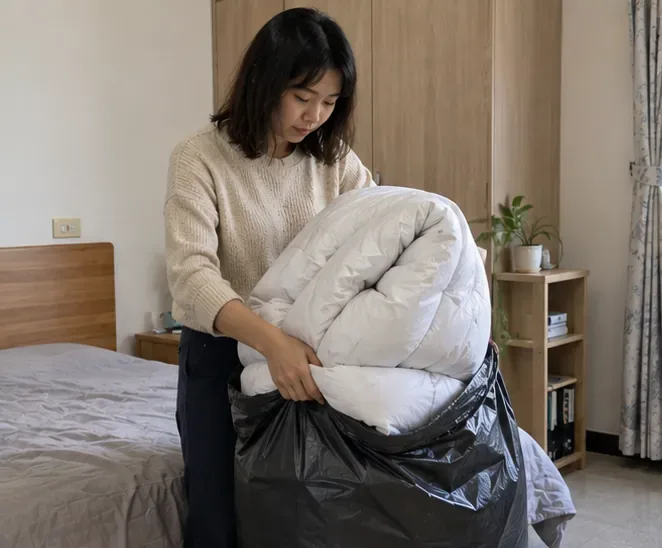 住戶在房間內把白色棉被折疊後裝進大型垃圾袋，準備依一般垃圾方式交付