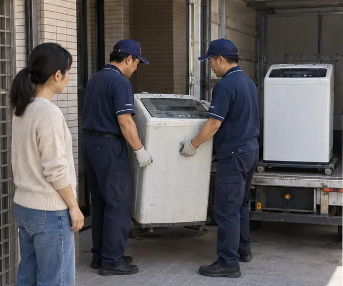 兩名搬運人員把舊洗衣機搬上貨車，車上另有一台新洗衣機