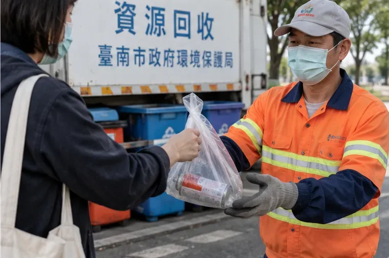 民眾把獨立包裝的瓦斯罐交給資源回收清潔人員