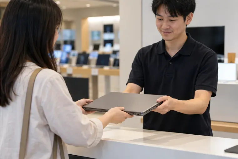 一位住戶將闔上的筆電交給電子產品賣場櫃檯人員，背景陳列其他電子設備。