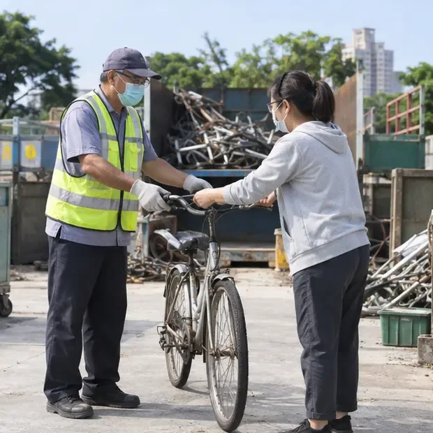 清運工作人員在金屬回收區接收一台腳踏車，背景可見其他金屬車體