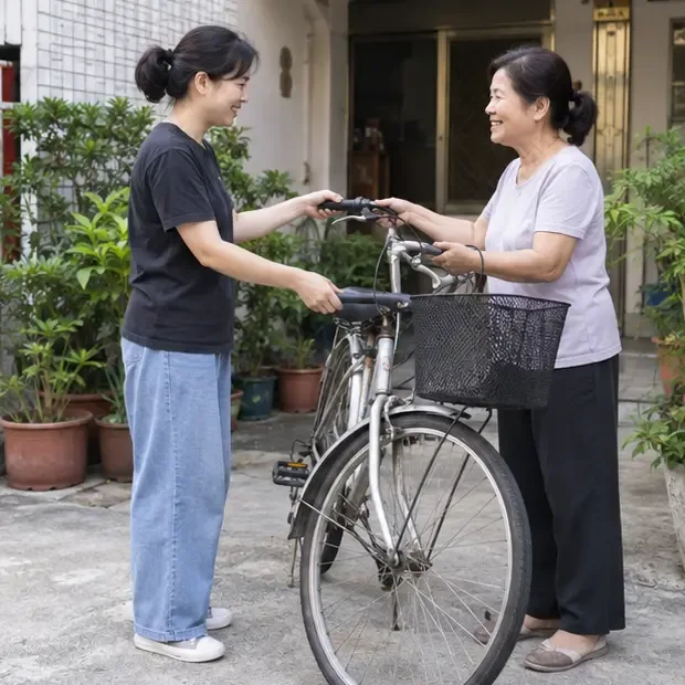 兩位女性在住宅門口交接一台仍可使用的腳踏車