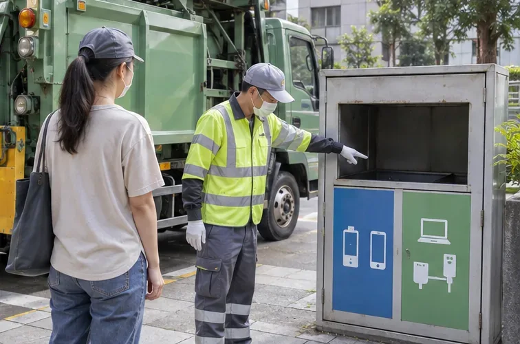 回收人員在回收車旁指引居民將電子產品交給獨立的資源回收容器