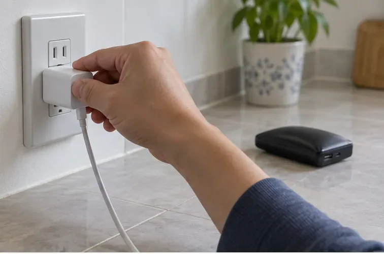 手部正在安全拔除牆上充電器插頭，膨脹行動電源放在遠處未連接