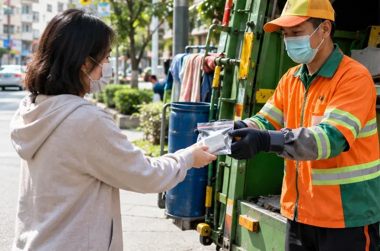 臺灣街道旁，民眾把單獨裝袋的行動電源直接交到資源回收車旁的清潔人員手中