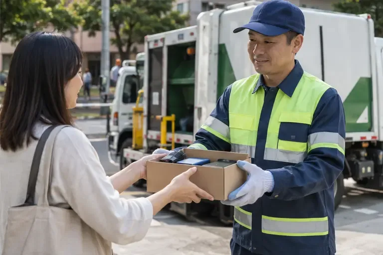 民眾把裝在紙盒中的鋰電池交給回收車旁的回收人員