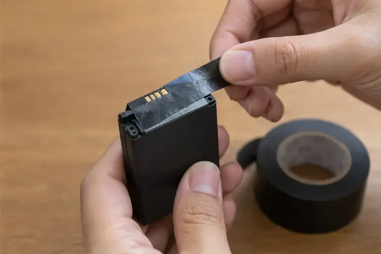 雙手以絕緣膠帶覆蓋可拆式鋰電池的電極