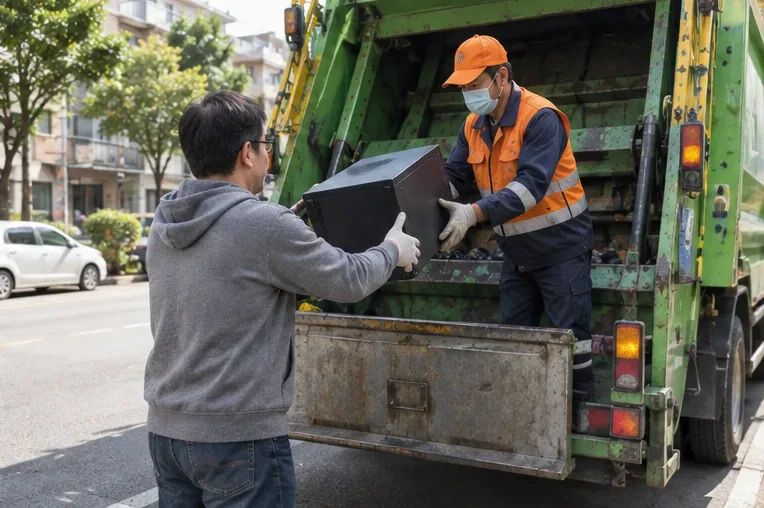 一名民眾在街邊把完整的舊電腦主機交給穿反光工作服的回收清運人員，旁邊停著綠色清運車