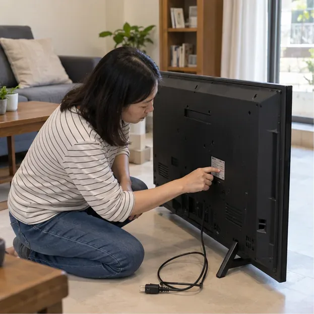 住家客廳裡，住戶查看已拔除電源的液晶電視背面標籤，準備辨認機型與外觀狀況。