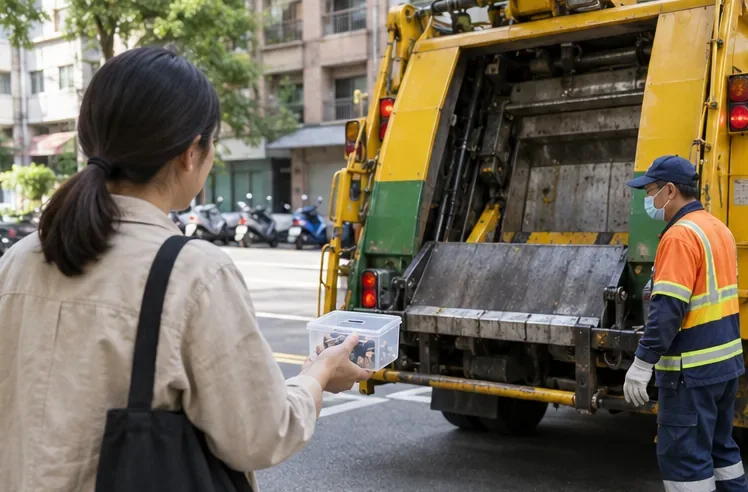 民眾手持小型透明電池盒站在清運車旁，穿著反光背心的工作人員在車側等待