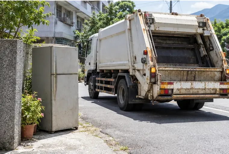 住宅外待清運位置旁的老舊冰箱與清運車