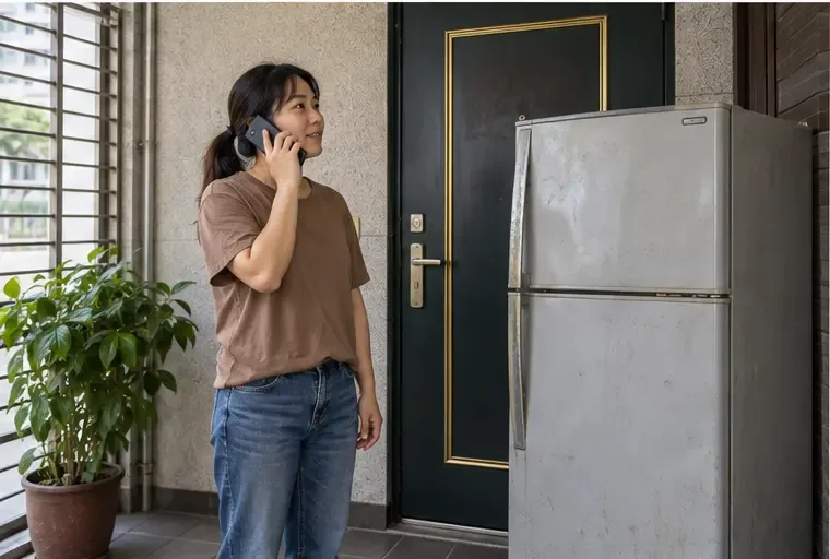 住戶在冰箱旁打電話確認大型廢棄物登記