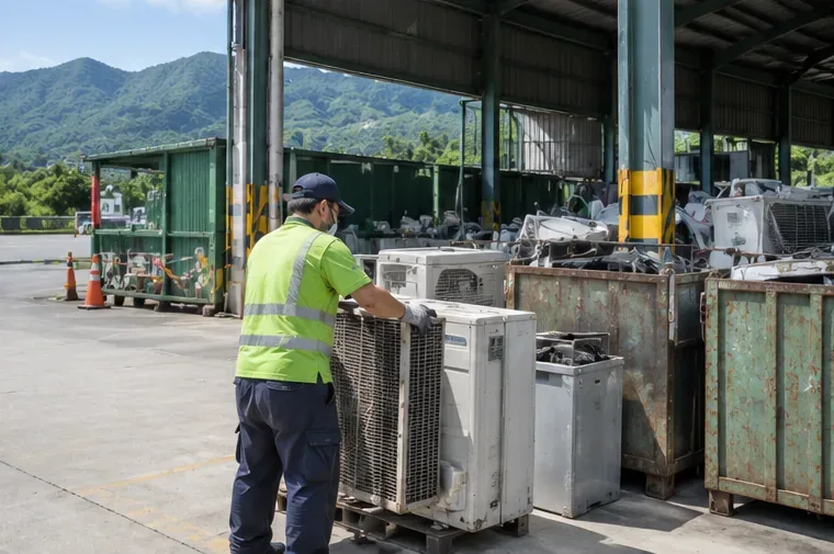 資源回收場工作人員把舊冷氣室外機送入分類區，後方可見多台待處理冷氣設備