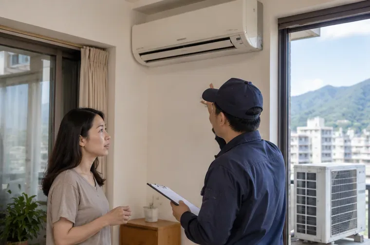 住戶與冷氣服務人員在室內確認舊冷氣位置與回收安排，窗外可見室外機