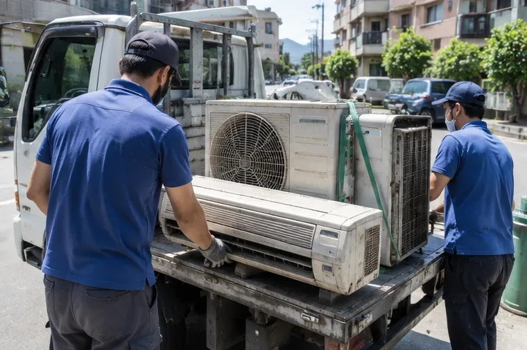 回收人員把舊冷氣室內機與室外機固定在小貨車上準備載運