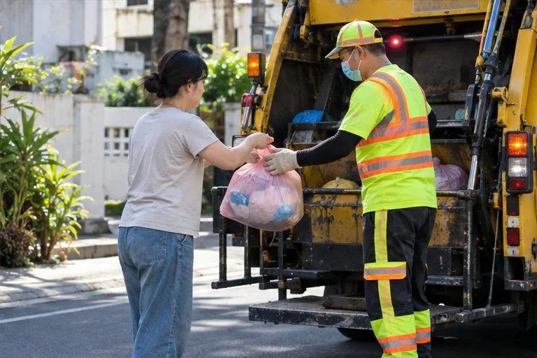 住戶在街邊將垃圾袋交給穿反光背心的清潔隊員與清運車
