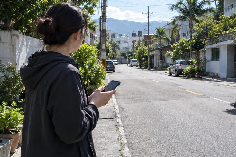 民眾站在臺東住宅街道查看手機並留意道路上的清運車